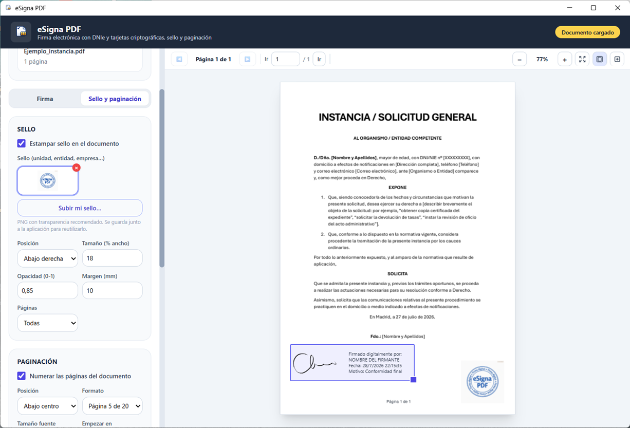 Pantalla de sello y paginación de eSigna PDF