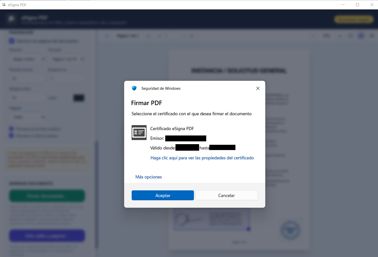 Selección de certificado para firmar un PDF con eSigna PDF